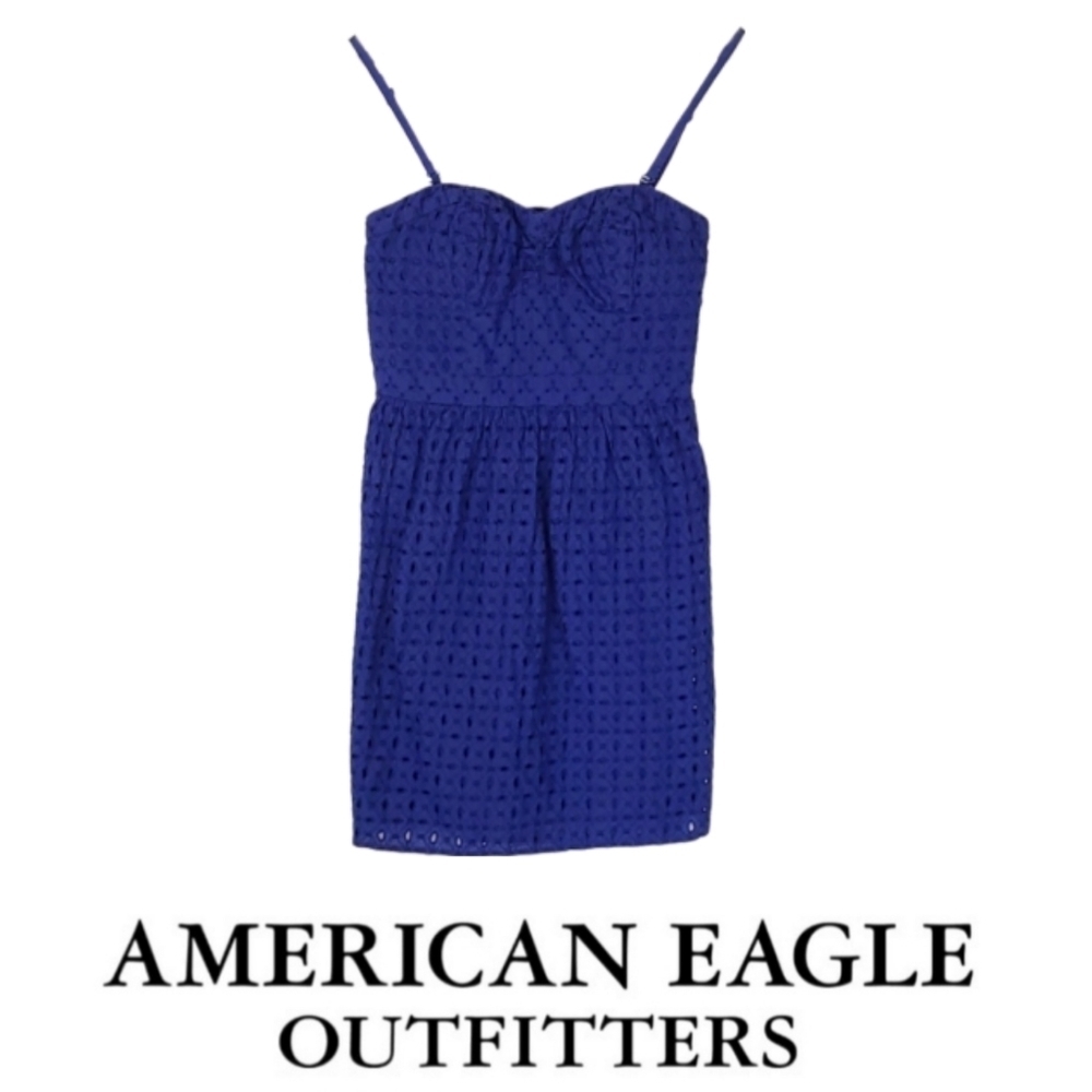 Y2K American Eagle Cotton Dress Romantic Eyelet Lace Fairy Royal Blue, Size 2